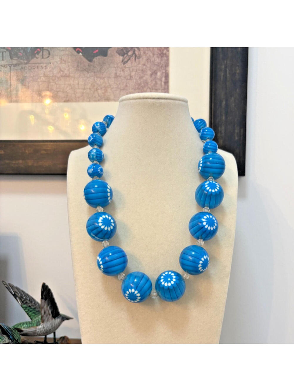 Vintage Chunky Blue Lucite Murano Floral Flower Cane Style Bead Necklace
